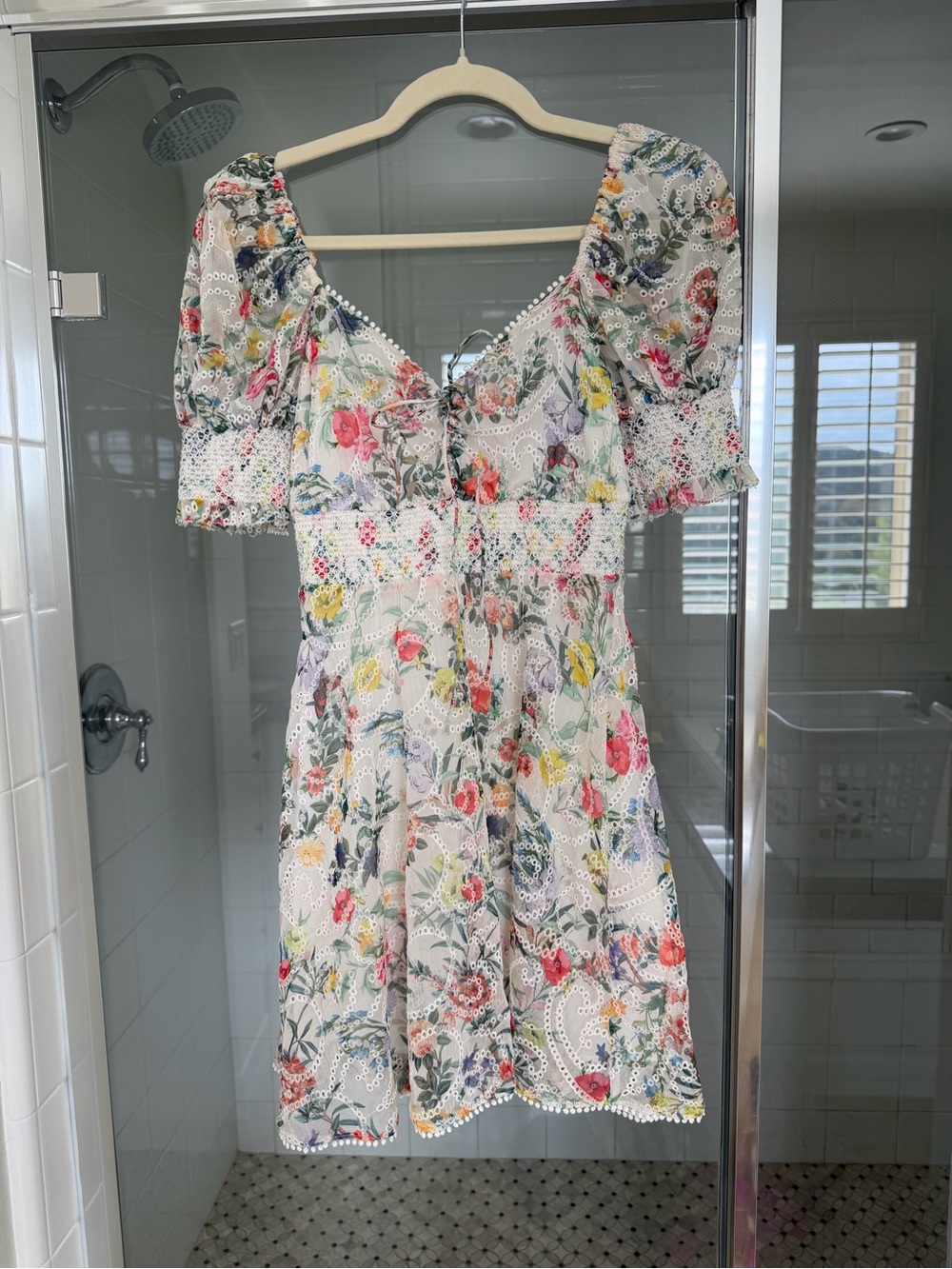 Alice + Olivia Floral Eyelet Puff-Sleeve Mini Dress
